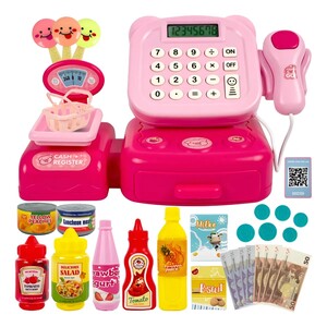 Pink cashier play set with a supermarket basket
