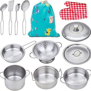 Yelora Kids’ Pots & Pans Set – Stainless Steel Play Kitchen Gift Set 🍳  This set includes a collection of stainless steel pots, pans, and kitchen accessories designed for pretend play. Perfect for role-playing, educational fun, and imaginative cooking adventures, it makes an ideal Christmas gift for toddlers, boys, and girls.