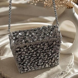 حقيبة سهرة كلاتش مرصعة بكريستال الماركيز الفضي والرمادي الداكن مع حزام